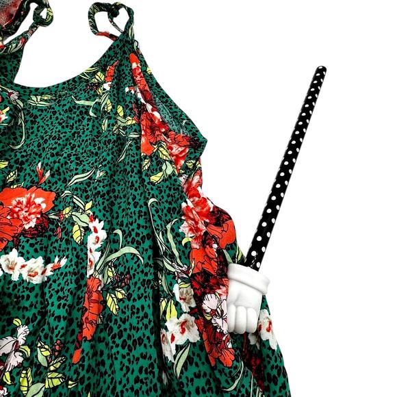 TORRID 3X Green Floral Leopard Print Midi Dress Sleeveless Tiered Ruffle Pockets - Picture 9 of 9